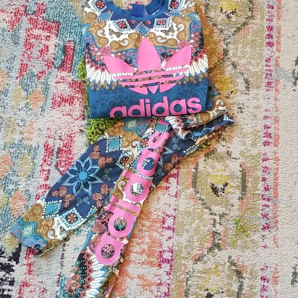 FARM RIO × ADIDAS Collab BLUE Butterflies FEATHERS Leggings P/O Sweatshirt SET S - Picture 6 of 16